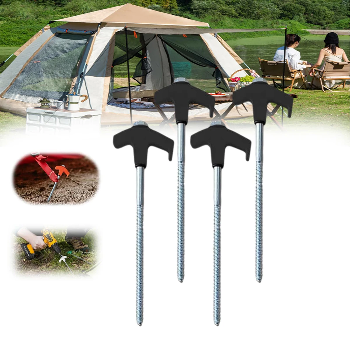 

8*200mm M8 Carbon Steel Hexagonal Glow-in-the-dark Ground Pegs Portable Rotatable Plastic Head Threaded Tent Pegs