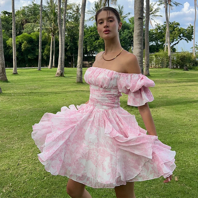 

Floral Printed Off Shoulder Short Dresses A Line Pleated Hem Patchwork Mini Robes Slim Fit Party Vestidos 2025 Women Dresses