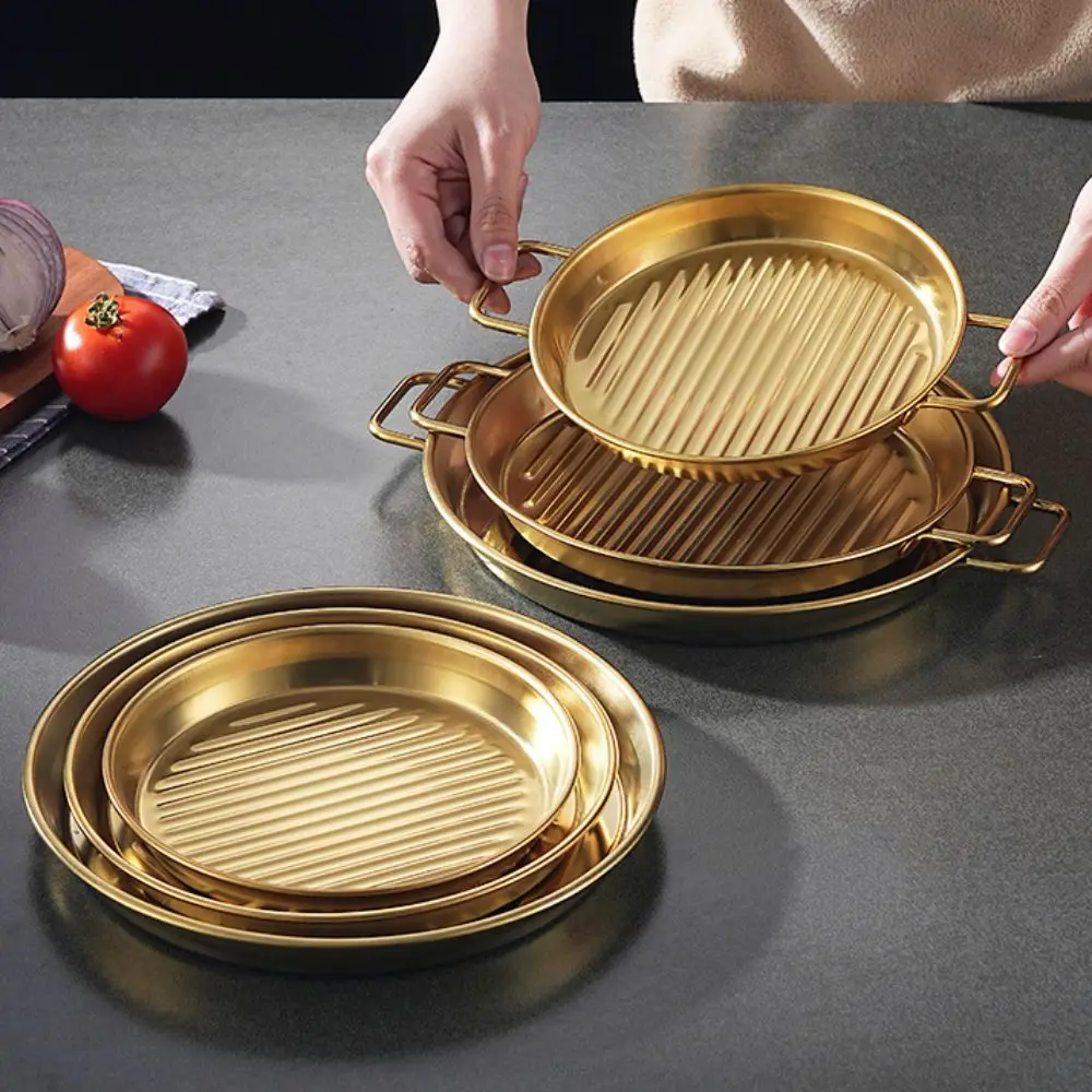 

Stainless Steel Pizza Pan Binaural Handle Gold/Silver Fried Chicken Tray Stackable Stripe Anti-stick Pattern Dinner Plate Salads