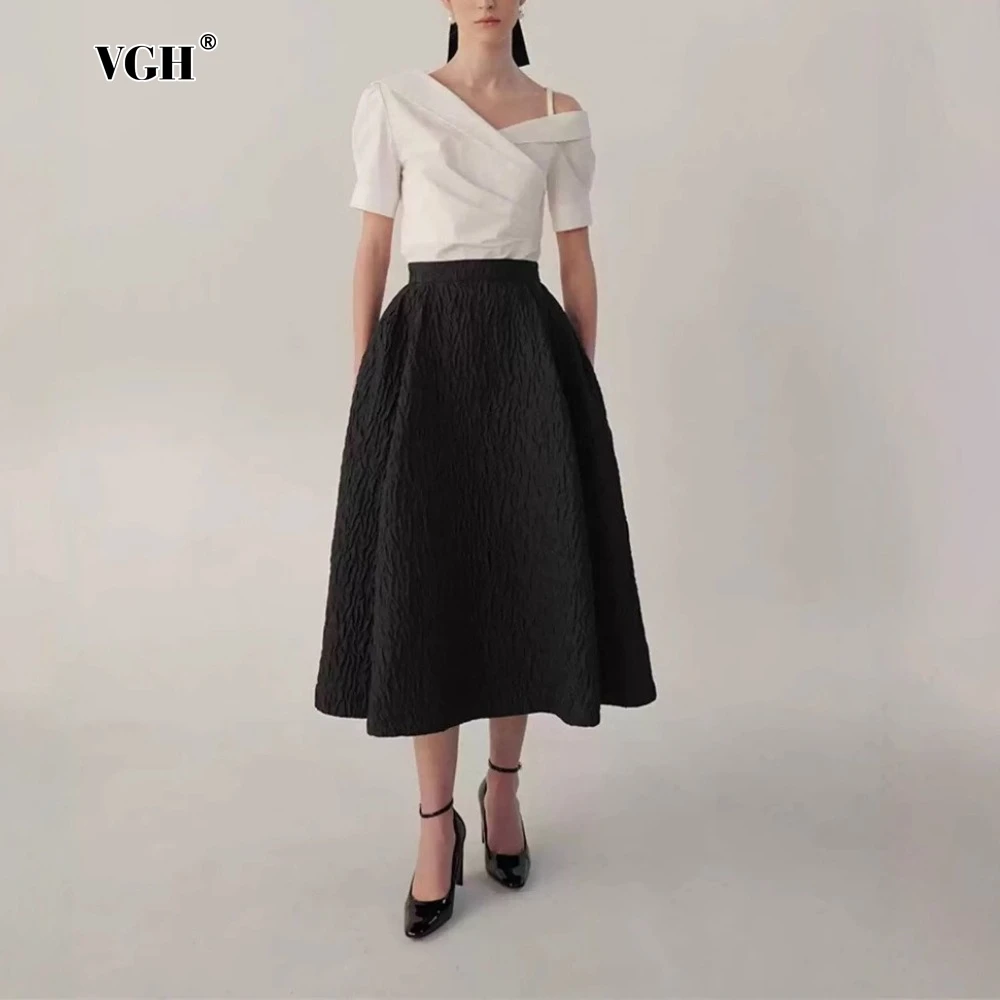 

VGH Hit Color Office Elegant Skirt Suit for Women Diagonal Collar Short Sleeve Top High Waist Al Ine Skirt Two Piece Set Female