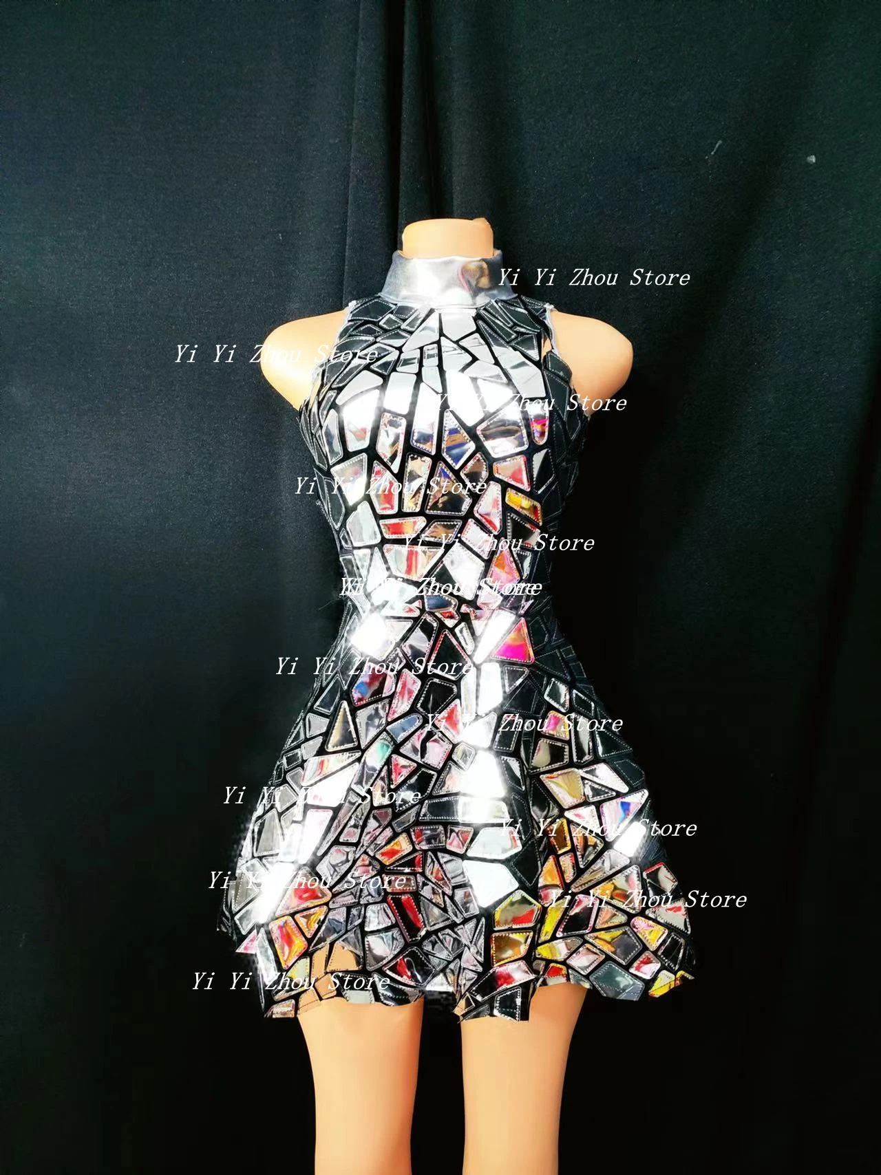 

Laser Mirror Blue Gold Sequins Sleeveless Short Dress Bar Nightclub Birthday Prom Show Costume Female Singer Dance Stage Wear