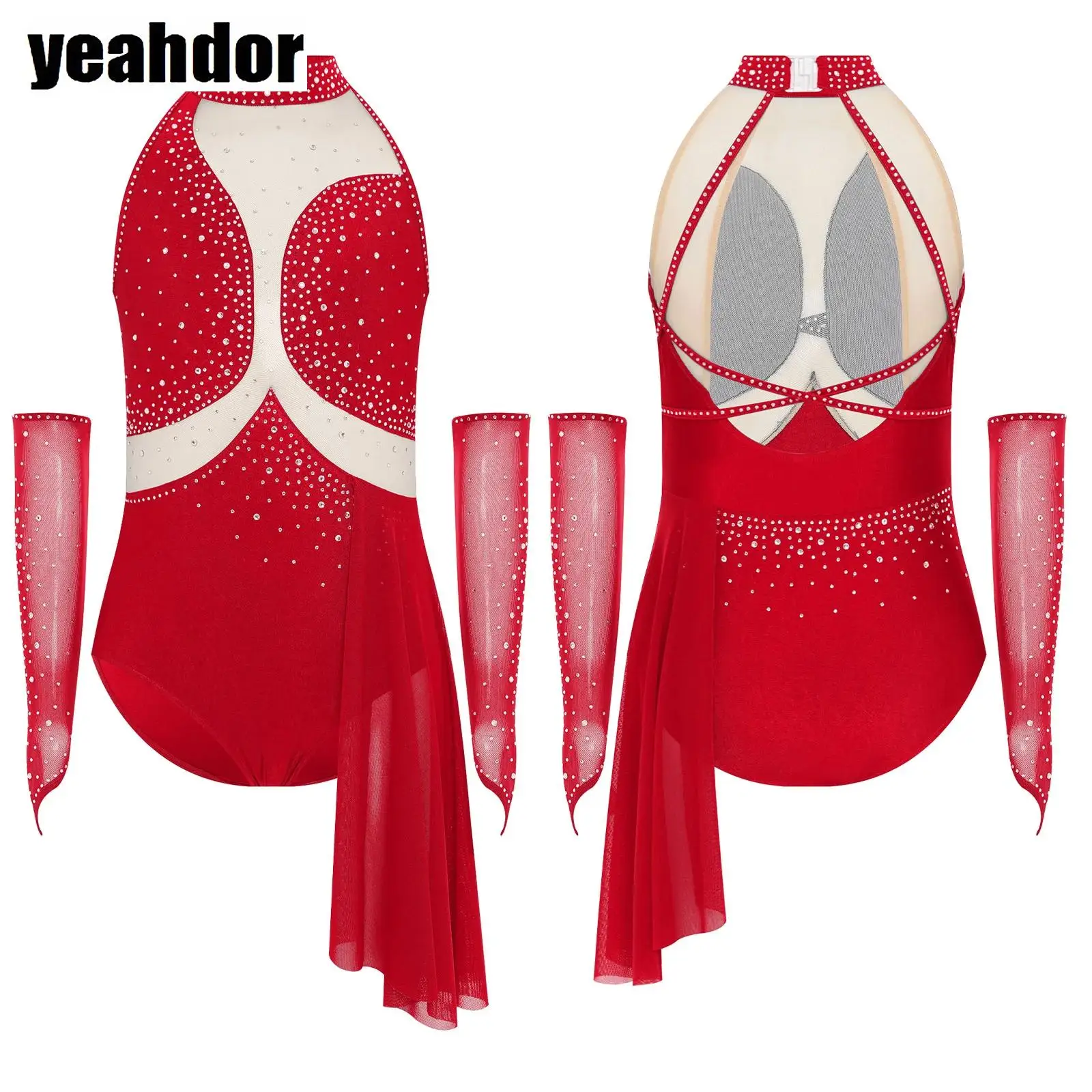 Ensemble de danse lyrique pour filles, Costumes de patinage artistique, dos découpé, strass, maille transparente, jupe asymétrique, justaucorps avec gants