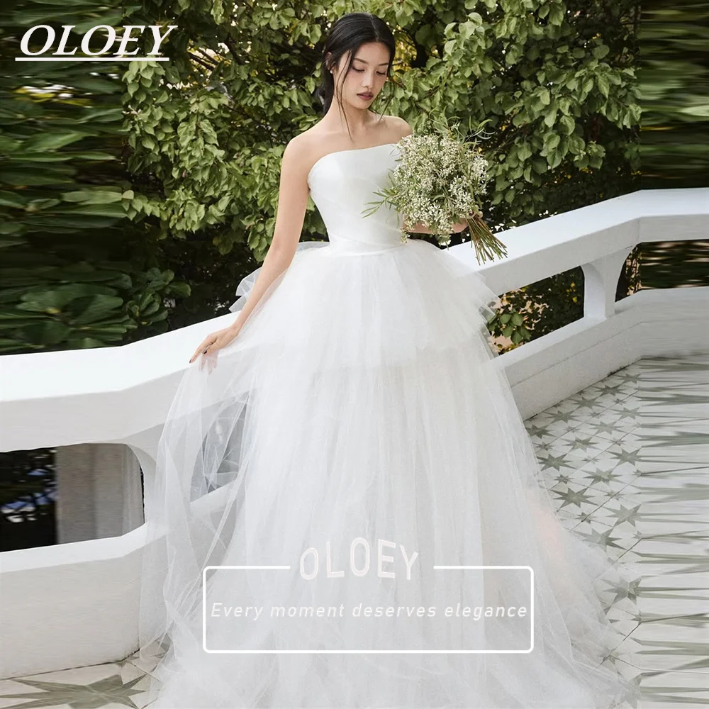 OLOEY Simple Strapless A-Line Wedding Dress Korea Photoshoot Soft Satin Muti-Layer Tulle Bridal Gown Customized Corset Back