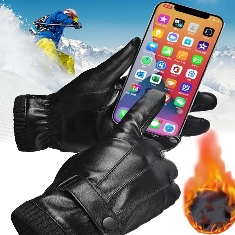 

Winter Touchscreen Gloves Men Women PU Leather Keep Warm Plush Velet Warm Full Finger Glove Windproof Cycling Driving Guantes