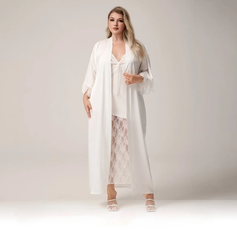 

Женская длинная атласная шифоновая ночная рубашка больших размеров, свободный крой, халат с перьями, пижама, одежда для дома, 5XL, один халат больших размеров, 1 шт.