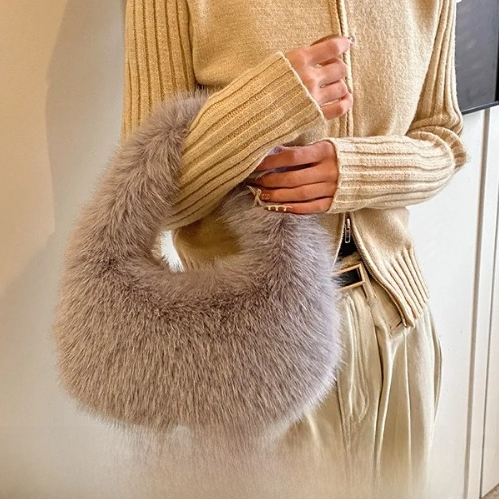 

Модный элегантный кошелек с текстурой искусственного меха, мягкие сумки-клатчи в форме полумесяца, легкая маленькая зимняя сумка-тоут