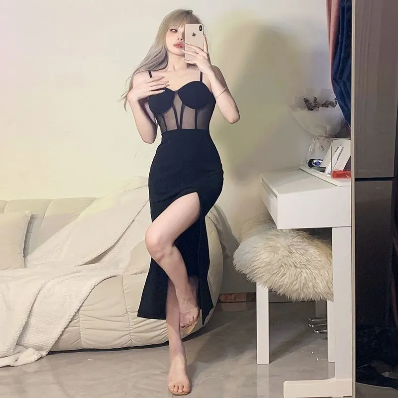 Halter dresses mesh see-through fishbone patchwork women's clothing sexy slit slim package hip long skirt