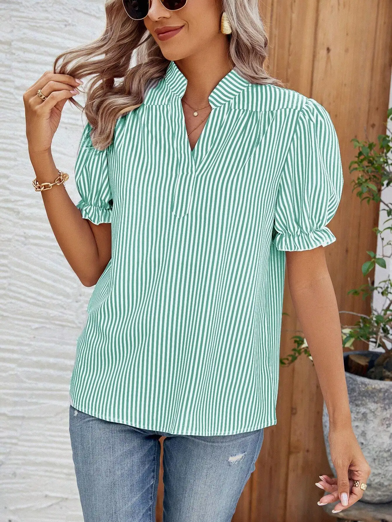 

Women's Notched Collar Striped Short Sleeve Blouse For Summer