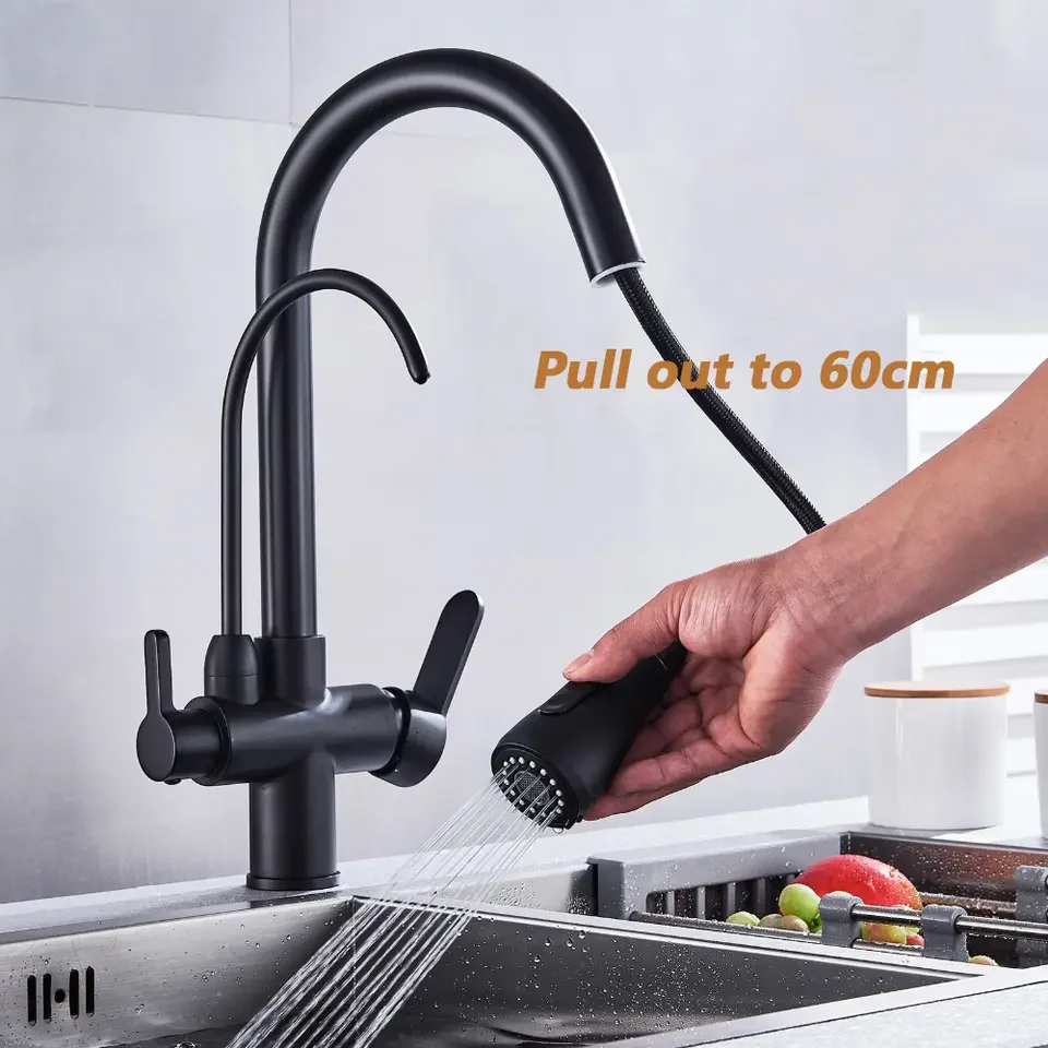

Hot and Cold Mixer Tap Deck Mounted Household Pull Out Kitchen Sink Faucet Brass Dual Handle Bathroom Faucets Spray Faucet