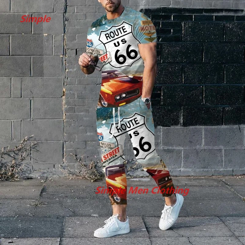 Route 66 Long t shirt Set Men\'s Trousers Tracksuit 2 Piece Set Summer Men Jogger Sportswear Short Sleeve T Shirt+Long Pant