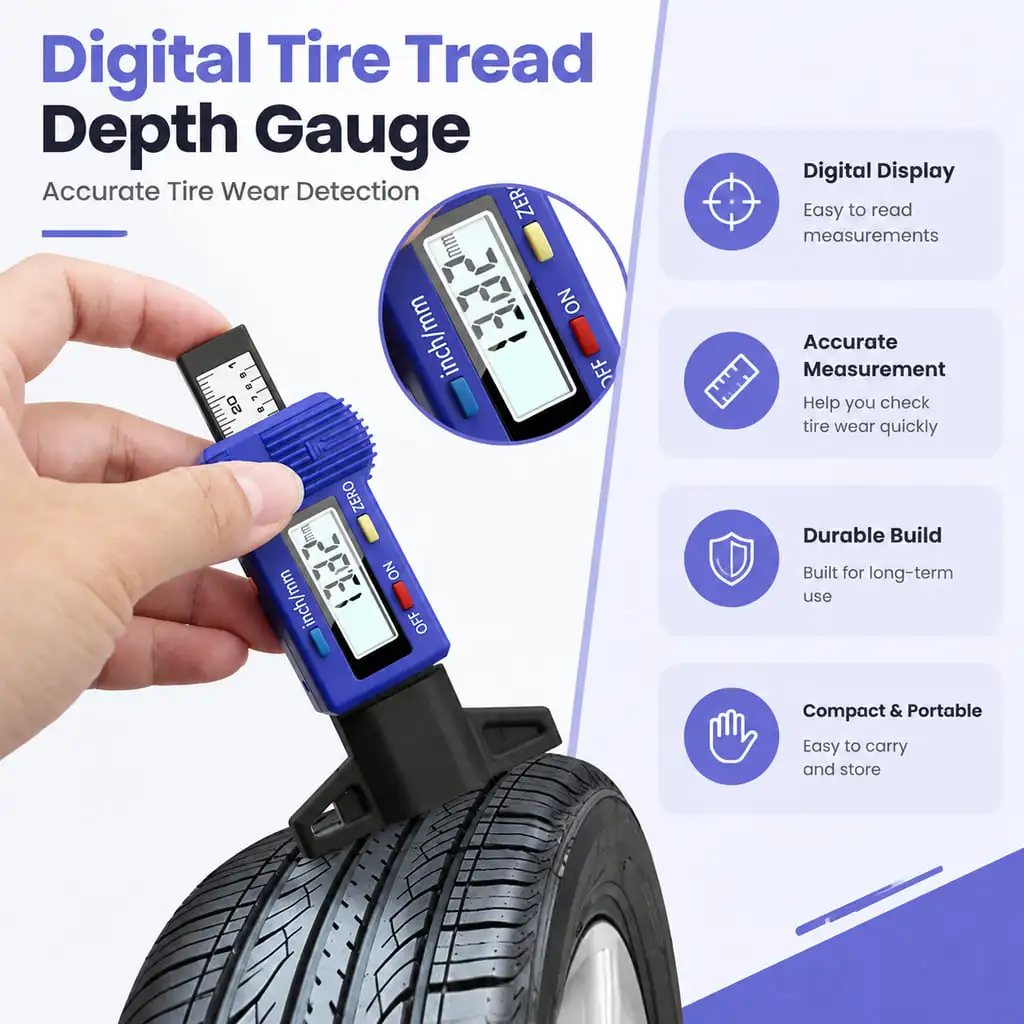 Digital Tire Tread Depth Gauge 0-25.4mm 0-1in High Precision Tire Wear Checker Fit for Cars SUVs Portable Tool With Zero Reset
