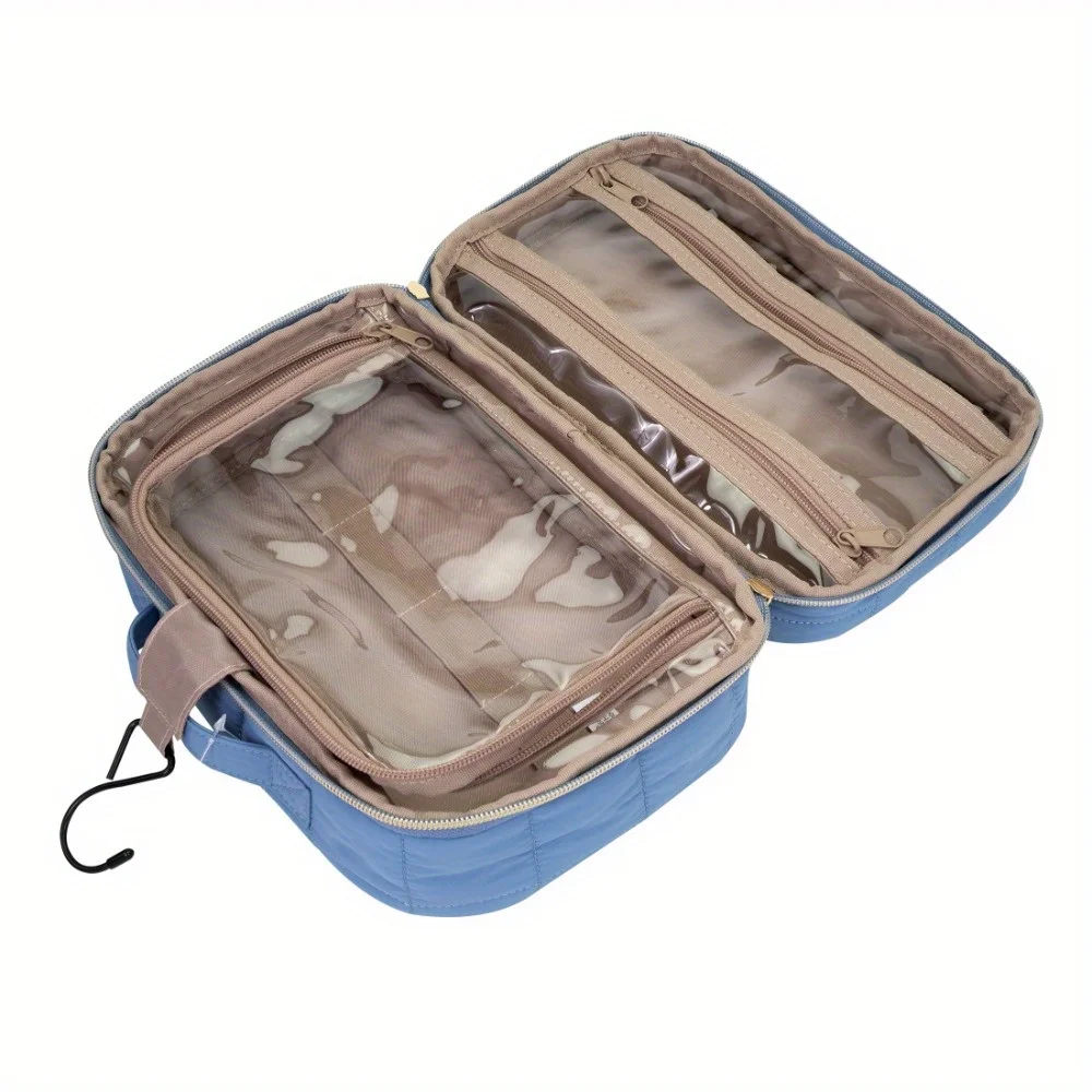 حقيبة مستحضرات التجميل الزرقاء المبطنة للتعليق