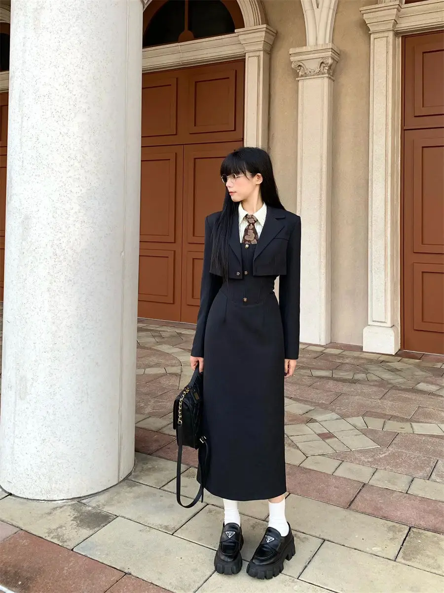 Autunno americano retrò ragazza calda vestito da donna moda dimagrante cappotto corto camicia a righe abito lungo a canotta set set di tre pezzi