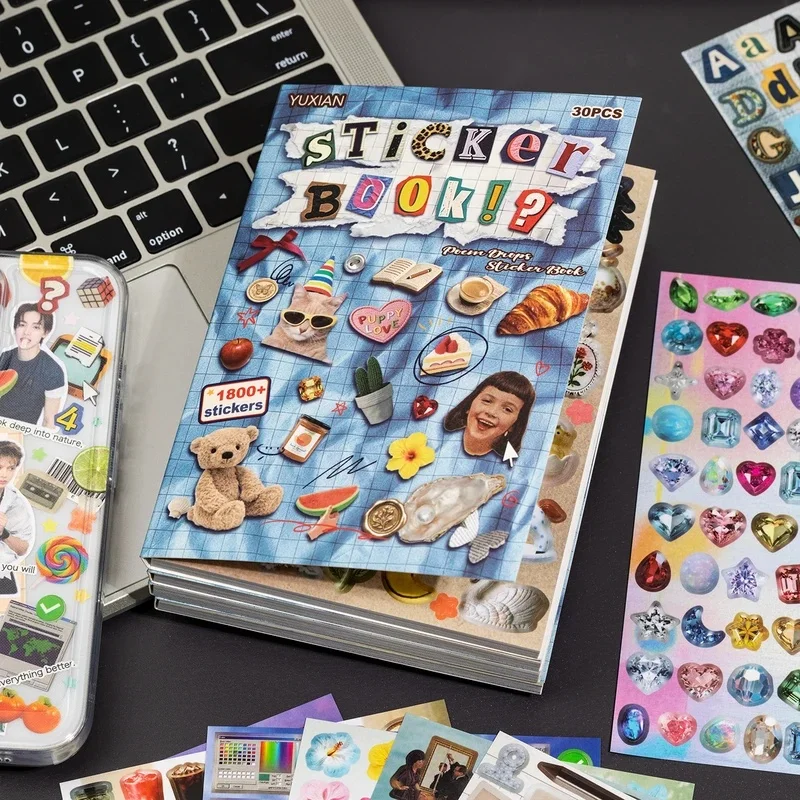 30 Sheets 1800+ Pcs Cute Cartoon Stickers, Aesthetics Stickers, Scrapbook Book for Journaling, DIY, Laptop & Phone Decoration