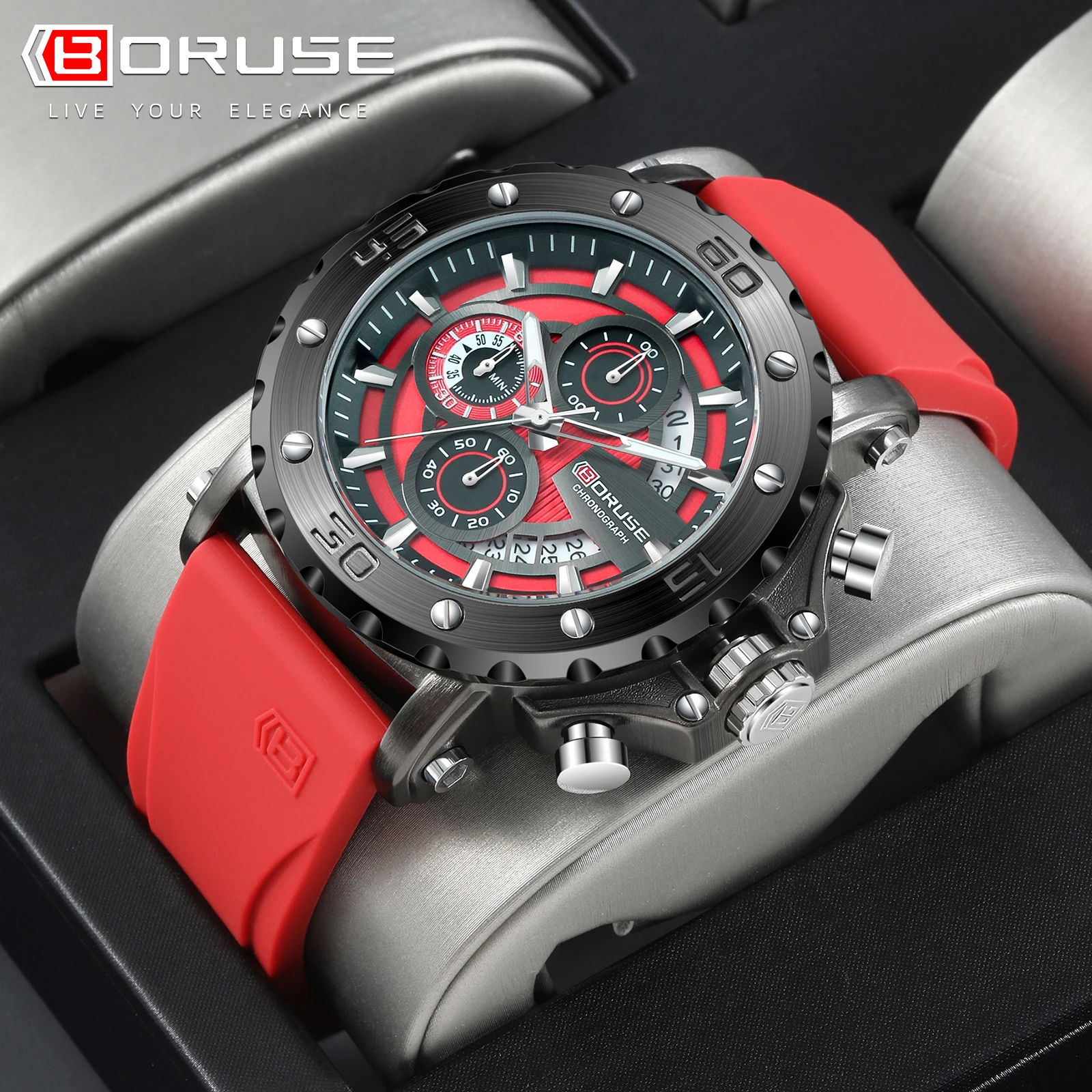 BORUSE Men Brand Red Silicone Quartz Wristwatch Man Luxury Business Casual Wrist Watches Male Sports Waterproof Watch