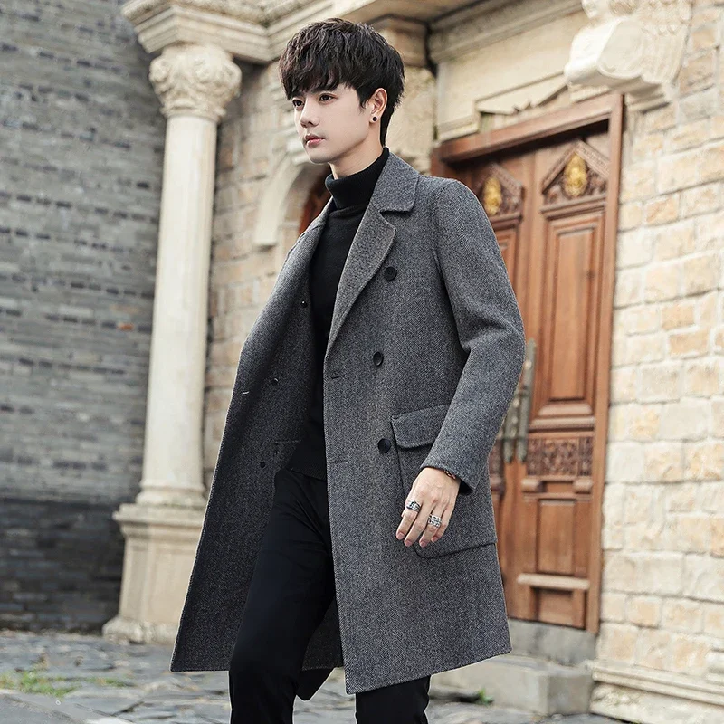 2023 Men's Autumn Winter New Long Woolen Windbreaker Coats Male Double-breasted Casual Jackets Men Wool Blends Outerwear