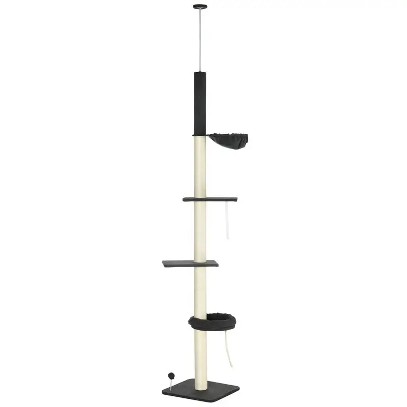 

PawHut Floor To Ceiling Cat Tree, 5-Tier Cat Climbing Tht Adjustable wBatching Post & Toy Ball for Indoor Cats, Black and Cream