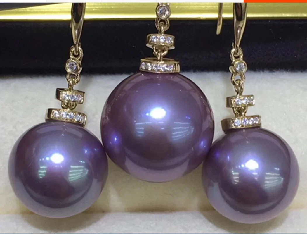 Set 12mm &13mm Genuine Purple Lavender Round Pearl Necklace Pendant Earring Women Jewelry Wedding Party Gift 925 Sterling Silver