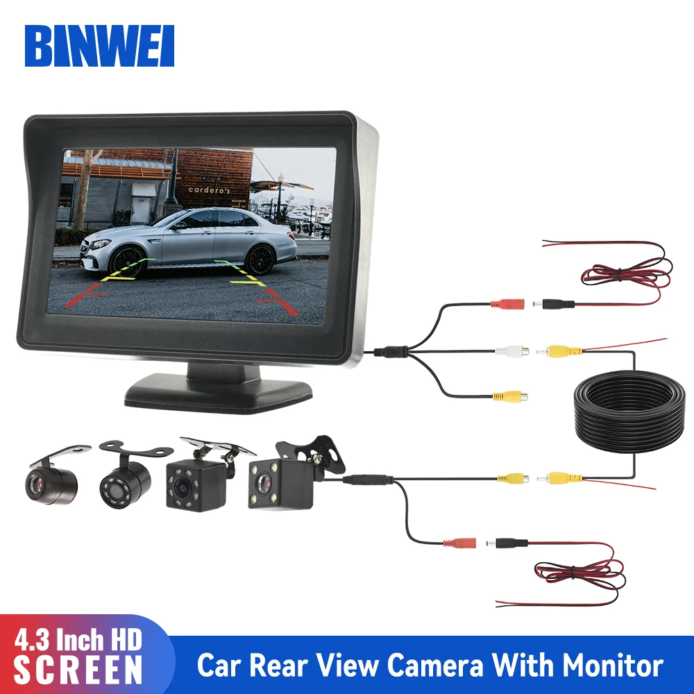 BINWEI-Monitor de 4,3 pulgadas para coche, Monitor de vehículo 16:9, cámara trasera, cámara de visión trasera con Monitor