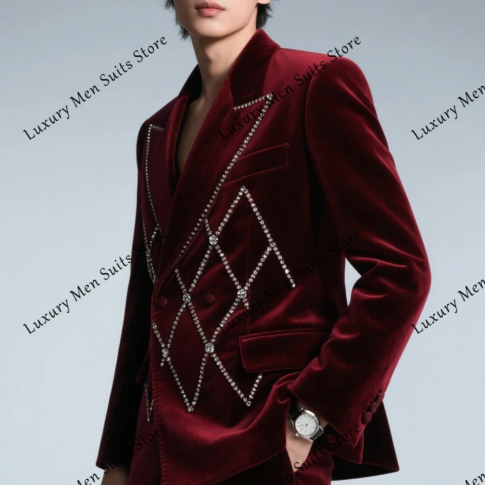 

Luxury Crystal Suits for Men 2 Pieces Double Breasted Tuxedos Wedding Groom Outfits Customized Blazer Pants robe mariage femme