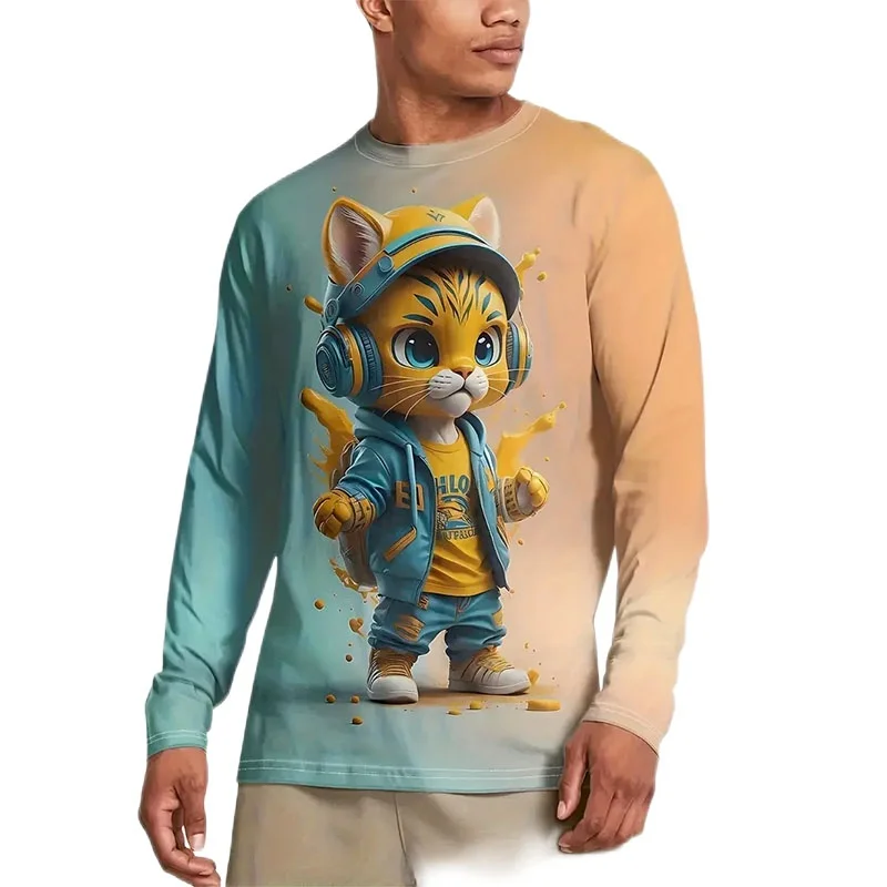 

Tiger Cat Dog Pattern T-Shirt For Men Funny Animals 3D Printed T Shirts Autumn Casual Loose Round Neck Tops Tees Long Sleeves