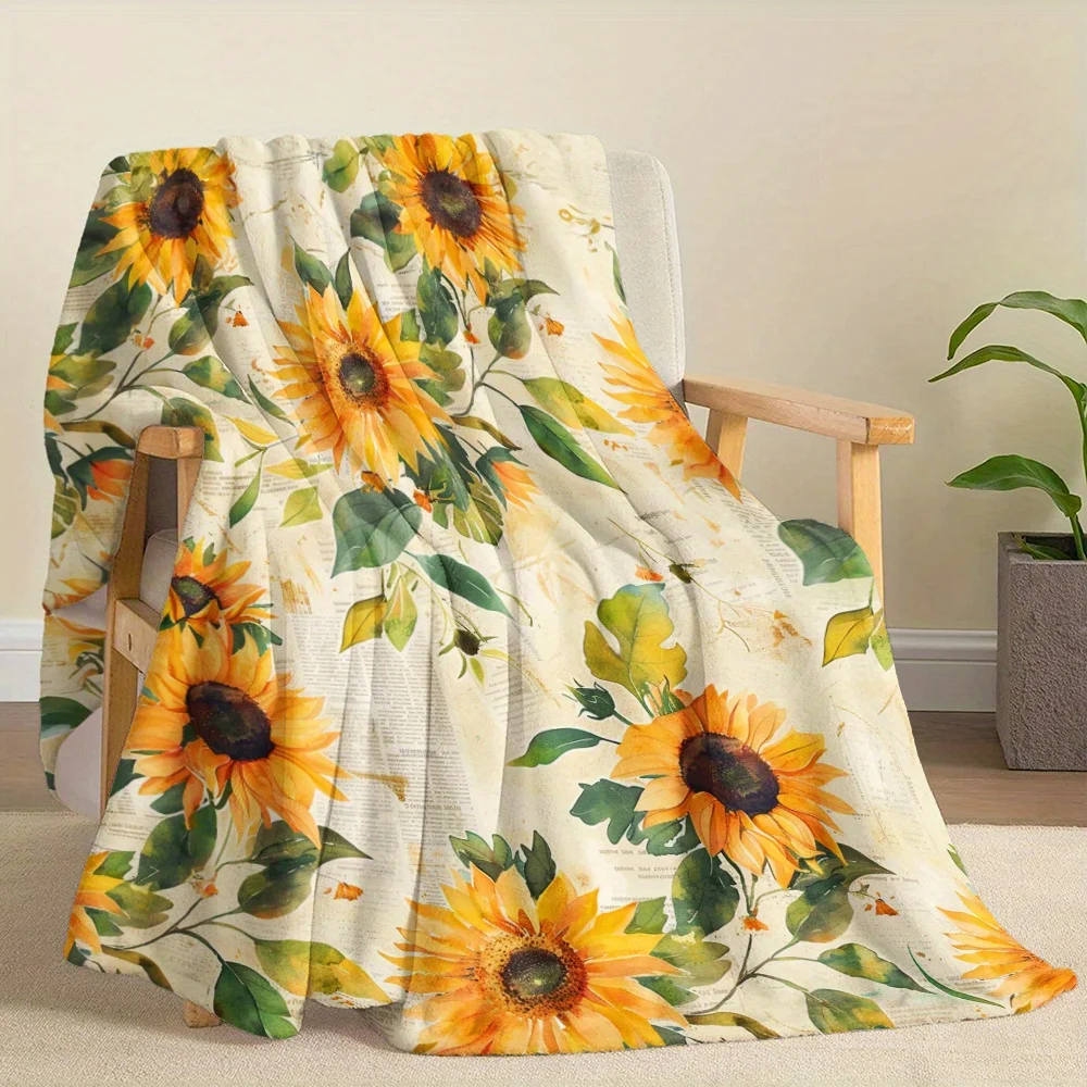 Sunflower Element Blanket, Vintage Watercolor Sunflower Flower Plant Old Newspaper Plants Print Blanket, Soft and Warm Blanket