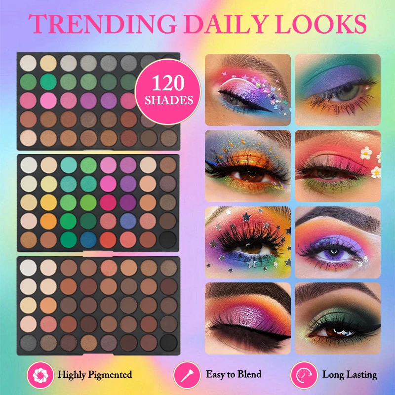 Palette de fards à paupières 3 couches 120 couleurs, kit de maquillage mat et scintillant tout-en-un, cosmétique longue tenue hautement pigmenté, cadeau