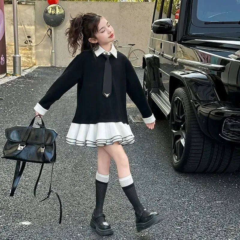 

2026 New Fashionable Children's College Style Puff Dress Spring and Autumn Girls' POLO Collar Dress Casual Dress