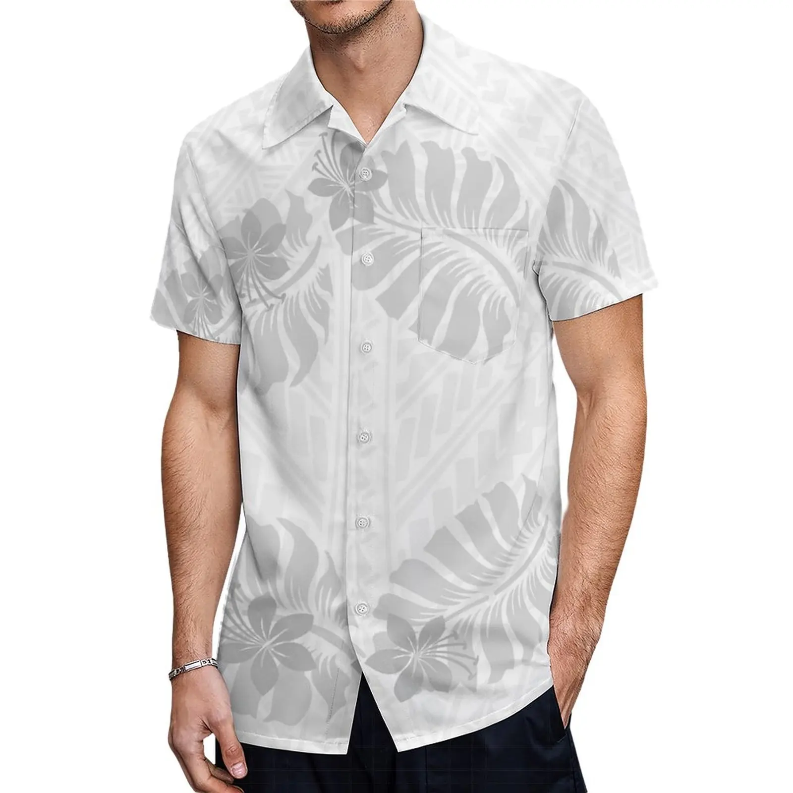 Hot Sales Summer Mens Short Sleeve Shirt Custom Polynesian White Button Shirts Plus Size Hawaiian  Men Shirts