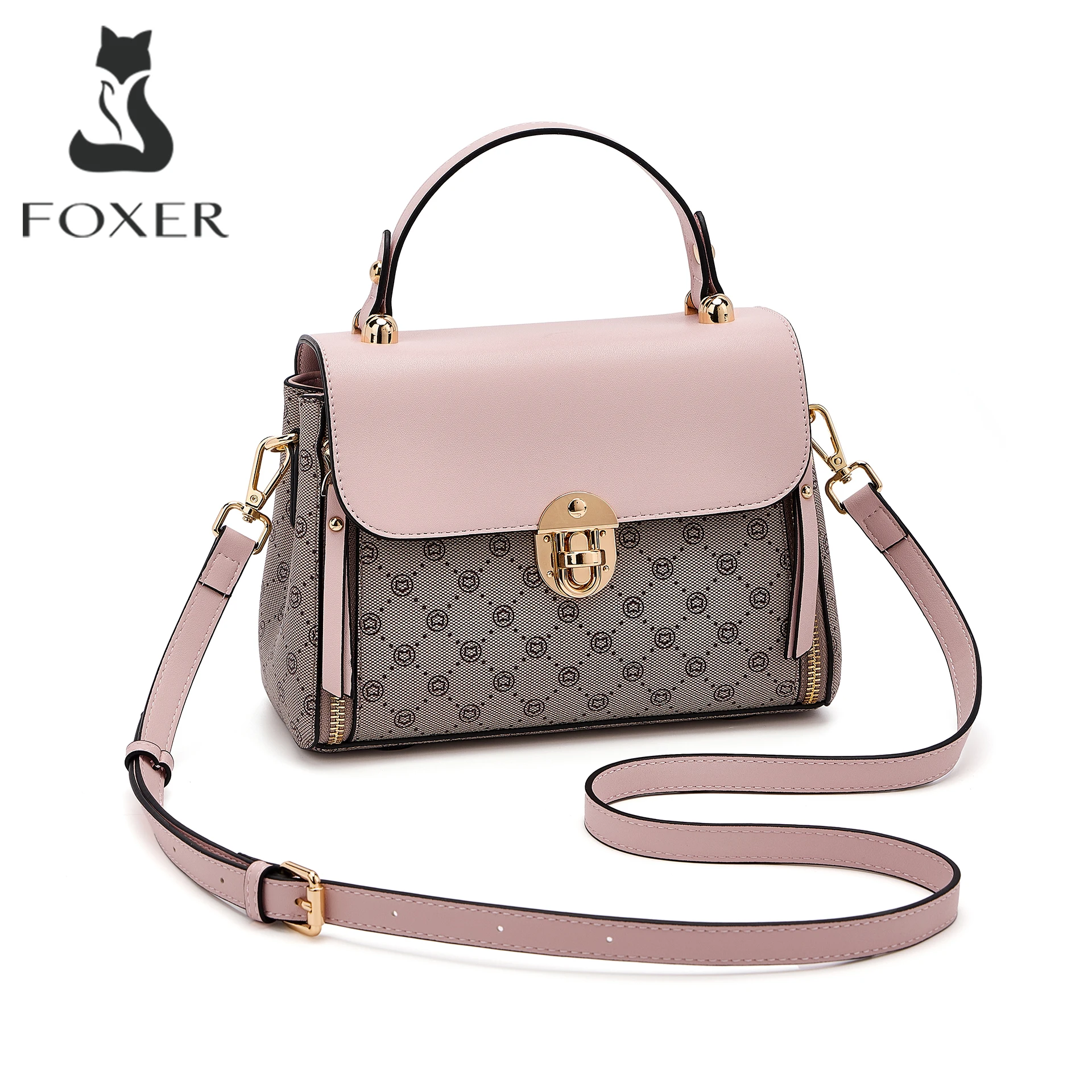 FOXER Luxury Elegant Women Top Handle Bag PVC Leather Monogram Vintage Handbag PU Leather Female Shoulder Crossbody Purse