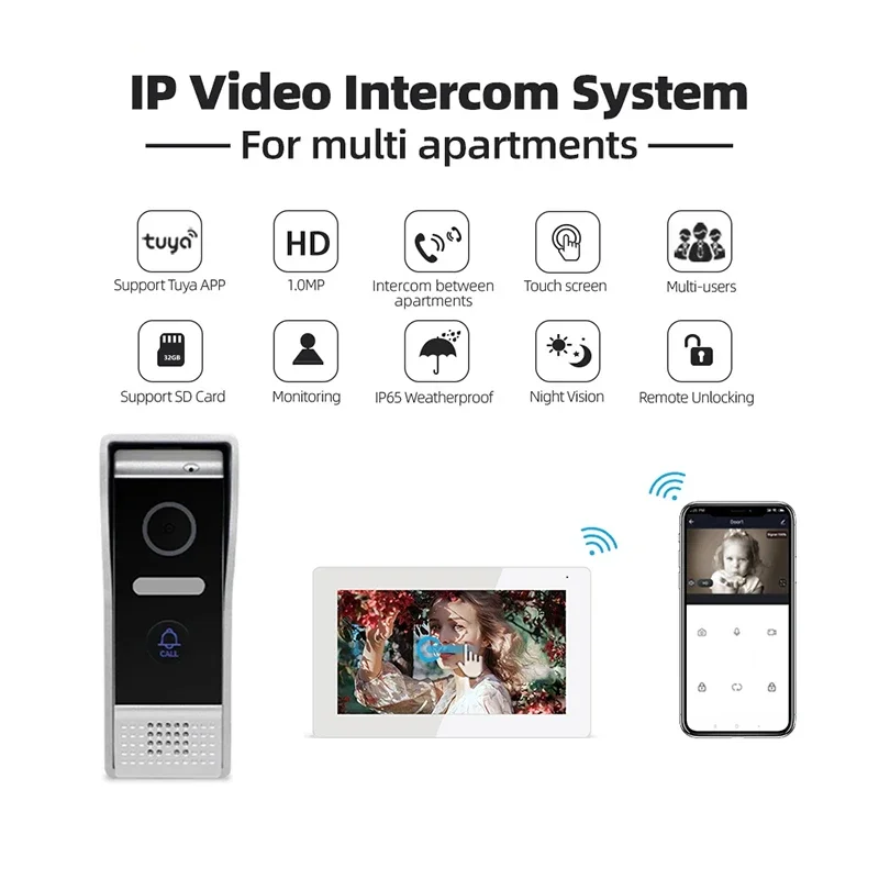 Jeatone Tuya 7 Inch Video Door Phone Intercom Doorbell For Smart Home Apartment Door Eye Camera With Wireless WIFI Box Kits