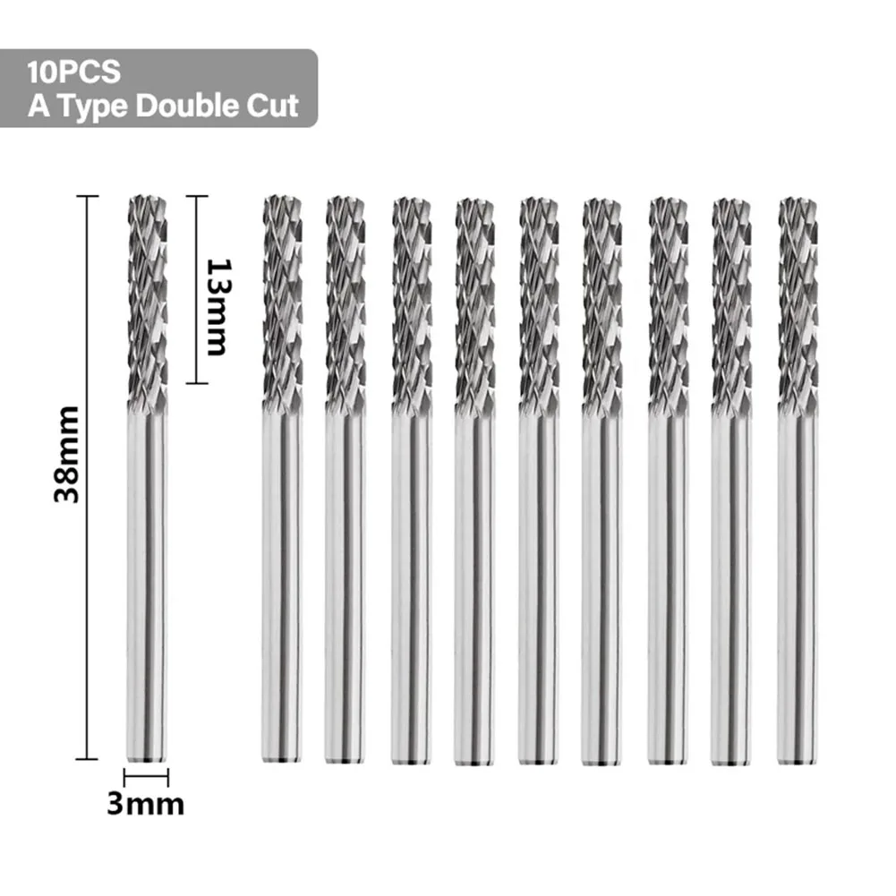 10 PCS 3mm Shank Double Cut Tungsten Carbide Rotary File Set Alloy Milling Cutter For Rotary Tool Rotary Files