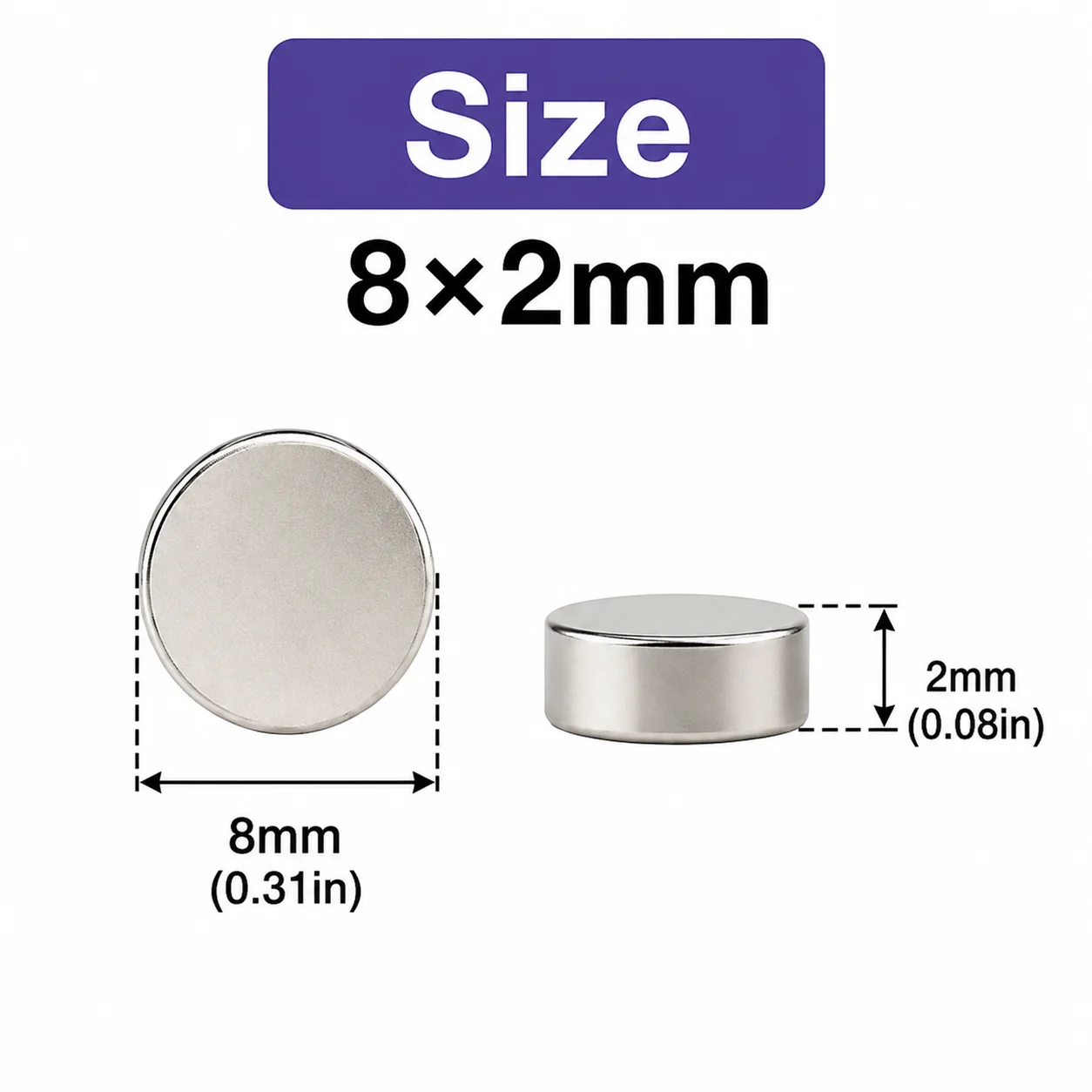 5-500PCS 8x2mm Round Magnets, Small Silver Circular Magnets for Fridge, Office, Storage, Photos, Notes & Home Organization
