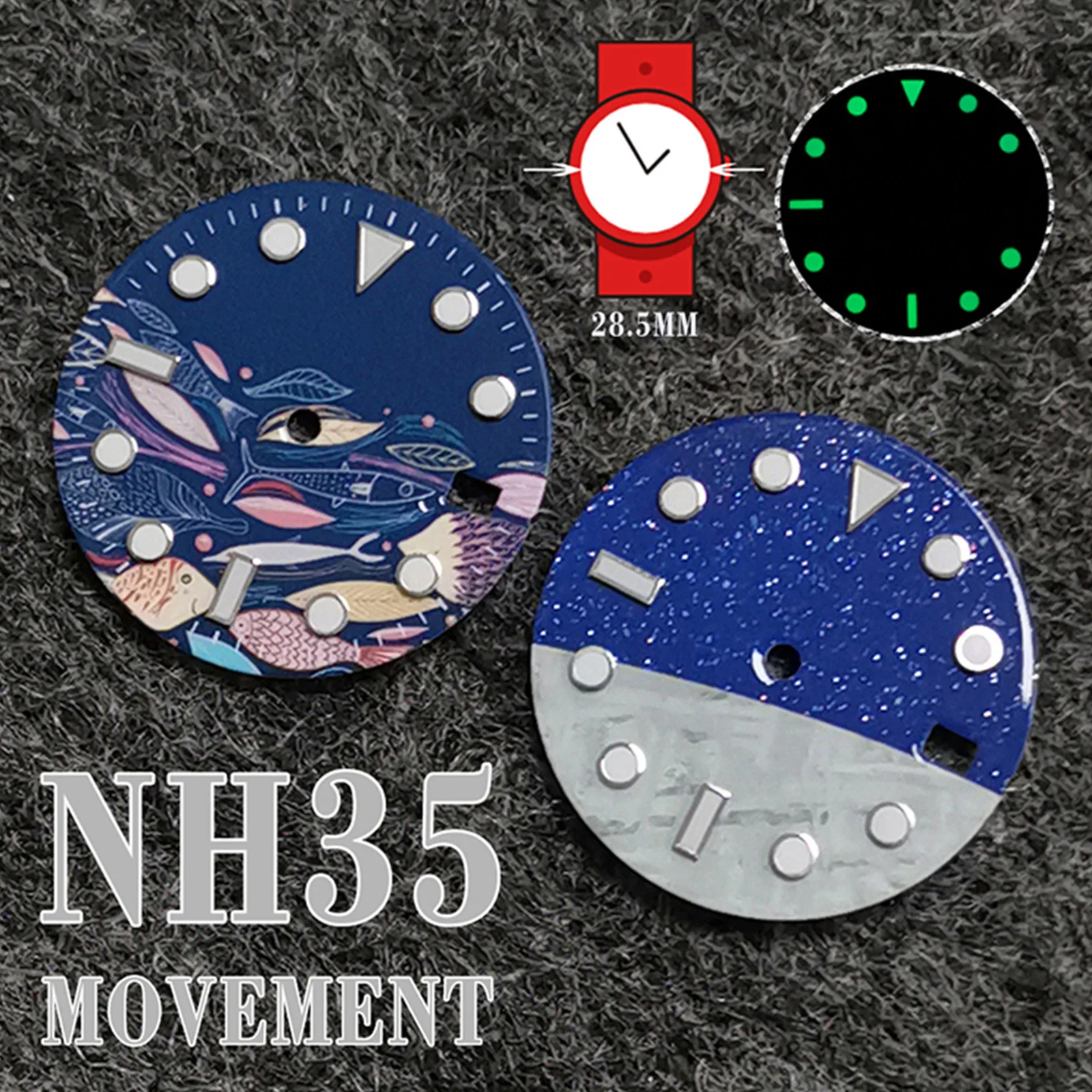 28.5MM Green Luminous Watch Dial Abstract Fish/Star Moon Pattern For NH35/36/4R/7S Movement Watch Modify Parts