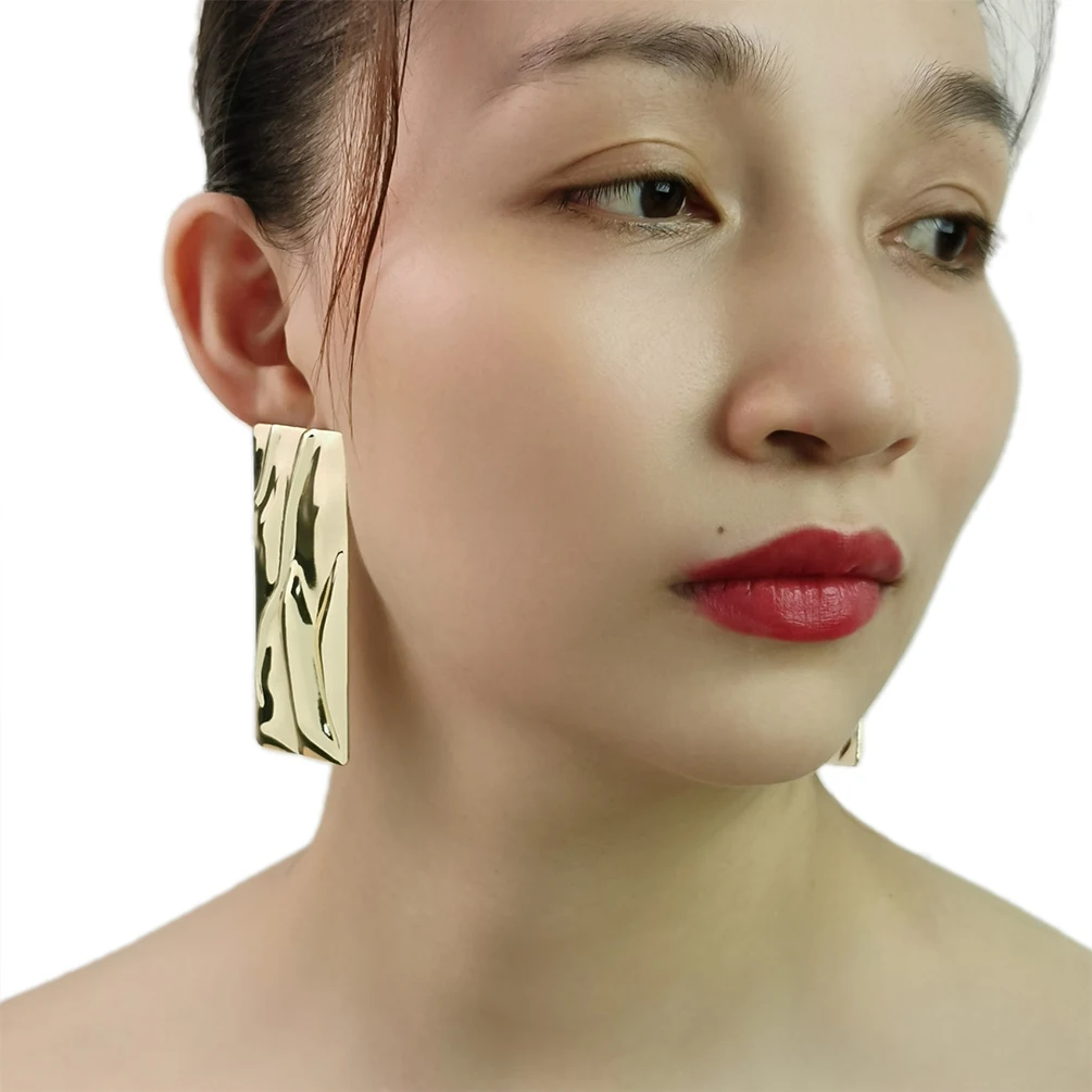 Glossy Square Metal Drop Dangle Earrings Gold Color Rectangle Alloy Statement Earring For Women Big Fashion Jewelry Accessories