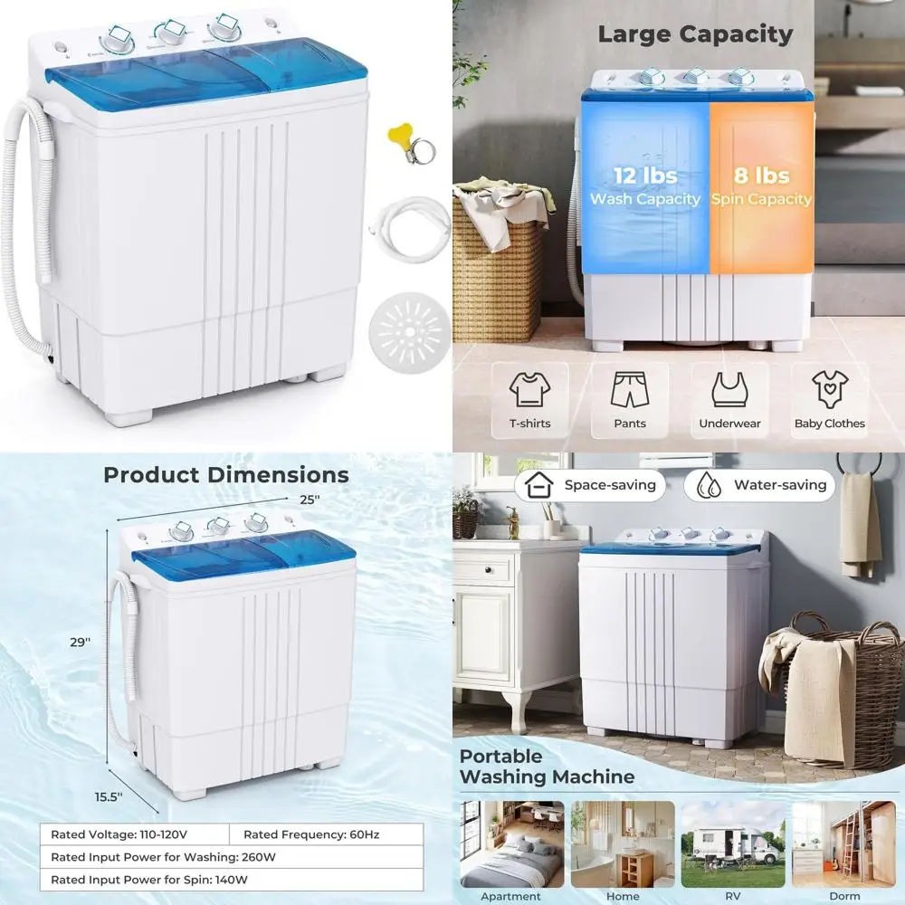 

Компактная стиральная машина с двумя баками и центрифугой, 20 фунтов, со встроенным сливным насосом и таймером, идеально подходит для общежитий, автодомов (сине-белая)