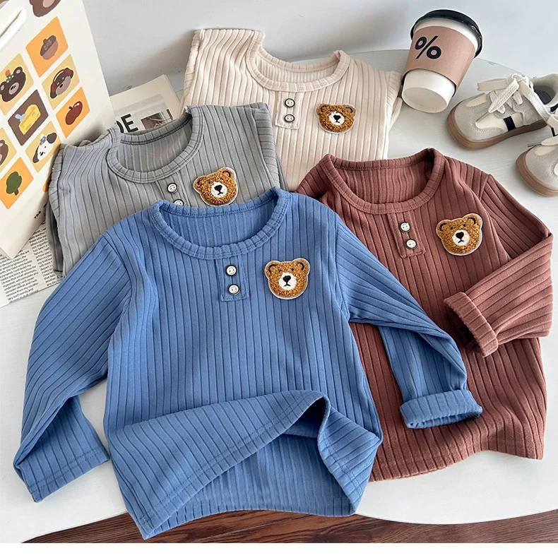 Spring Autumn Kids Long Sleeve Shirt Cute 3D Bear Patch Basic Boys Undershirt Solid Casual Top for 0-8Y Boys Girls