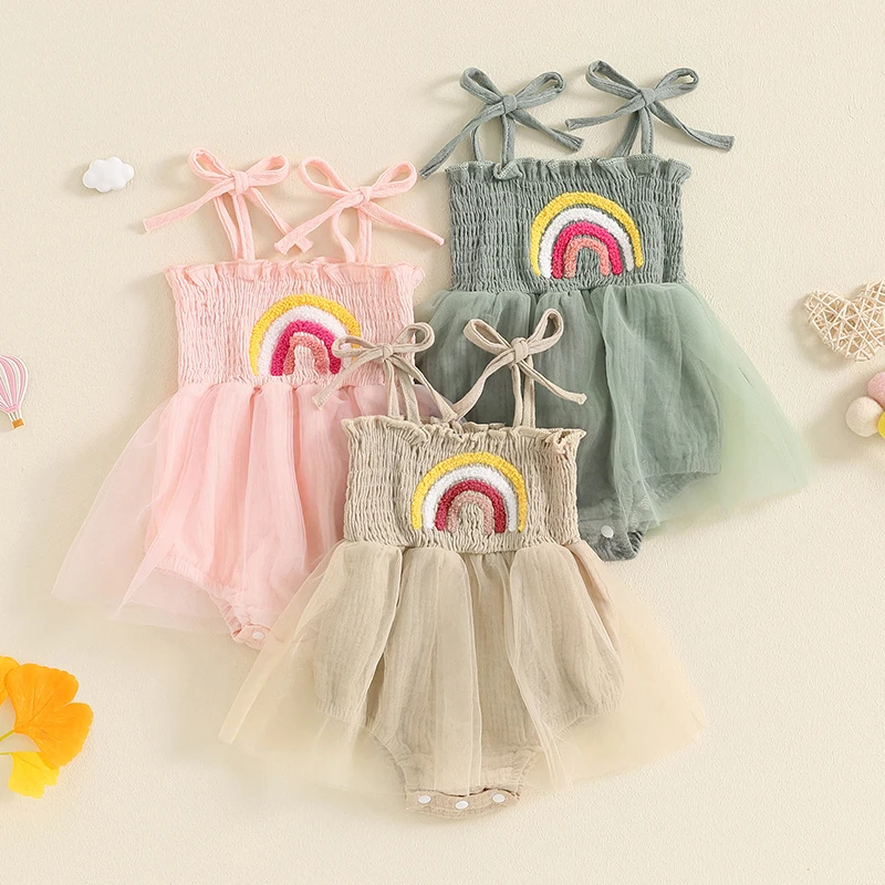 

2024-05-08 Lioraitiin 0-18M Baby Girl Summer Romper Dress Casual Rainbow Embroidery Tie Straps Jumpsuit for Newborn Cute Clothes