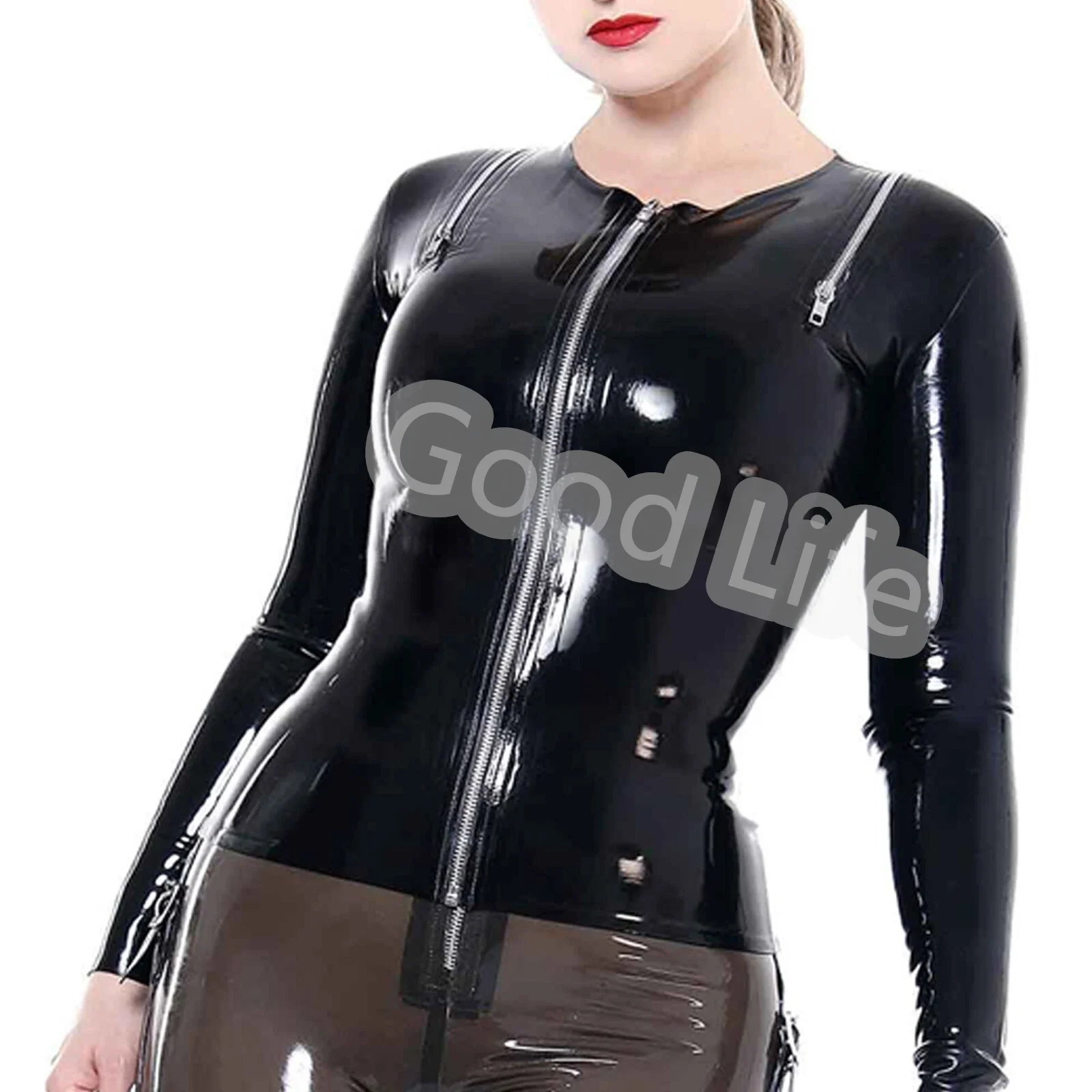 

Hot Latex Woman T-shirt Girl's Latex Long Sleeves Top With Shoulder Zipper Shirt Sexy Latex Gummi Rubber Costume