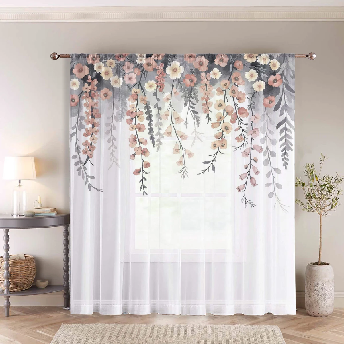 1pc Blush Hanging Floral Vine Sheer Curtain - Watercolor Pattern Pole Window Curtain for Elegant Home Decor