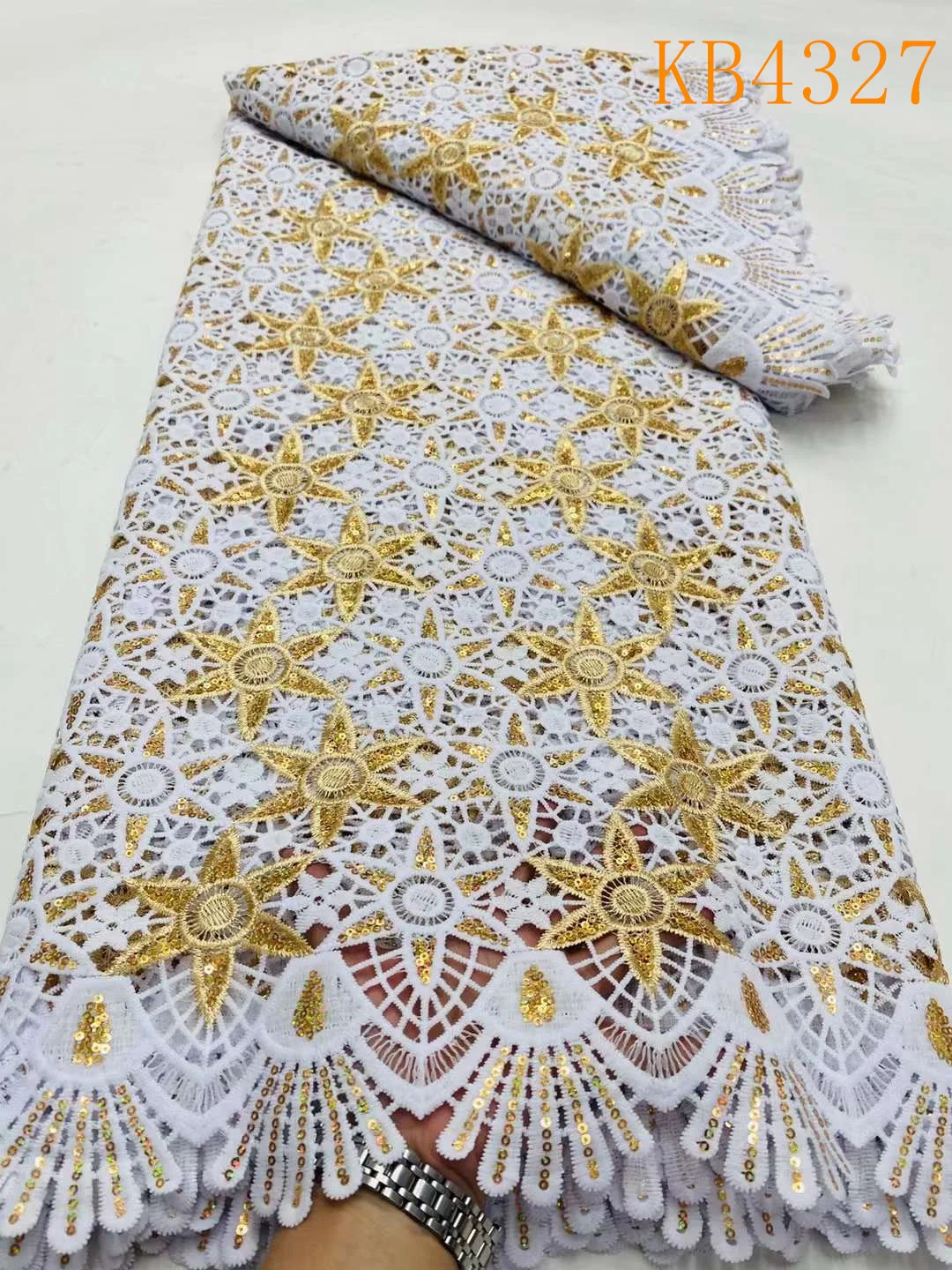 Nigeria Cord Lace with Sequin Embroidered Austria Cotton Novelty 2023 White and Gold Cotton Guipure Lace Fabric For Cloth KB3268