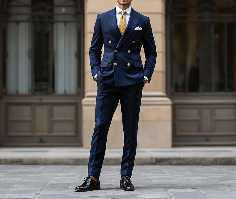 

Men's Tailored Blue Double Breasted Suit Custom Wedding