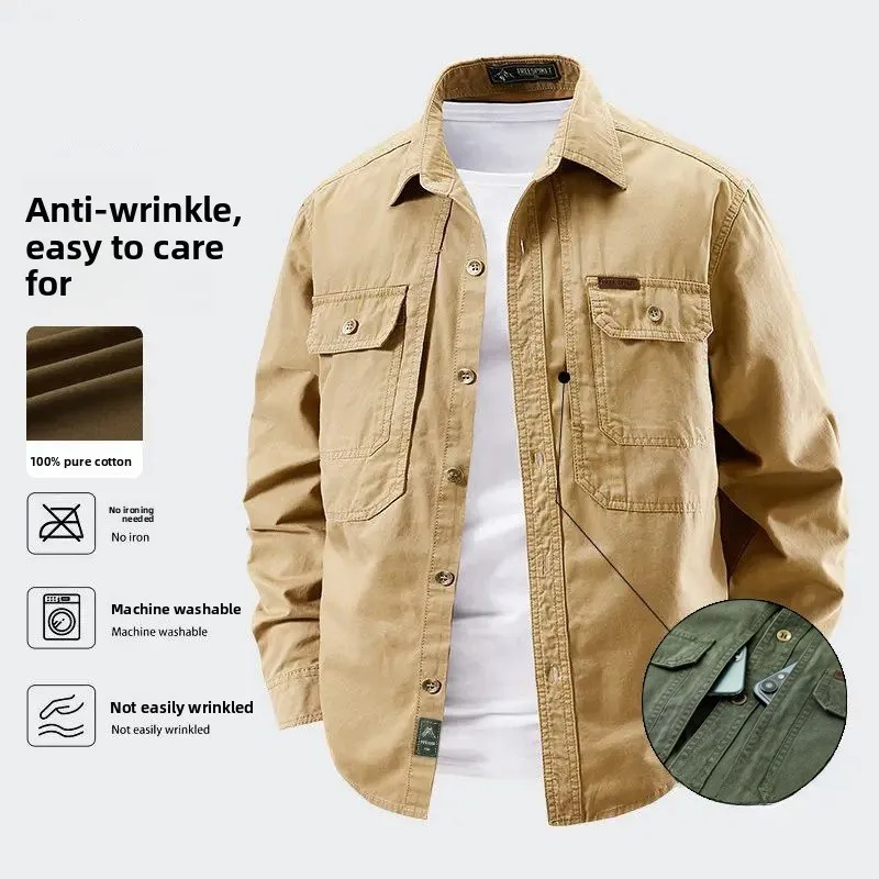 

Loose Fit Long Sleeve Pure Cotton Shirt Men's Summer Casual High End American Style Collared Shirt Multiple Pockets Breathabl...