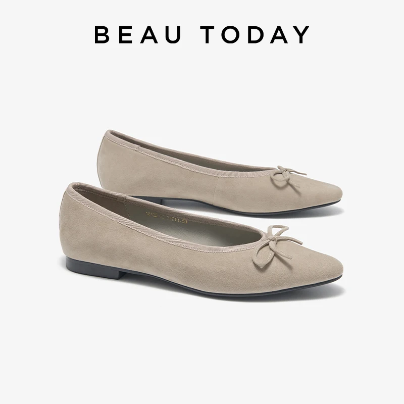BEAUTODAY Casual Flats Shoes Women Sheepskin Suede Leather Butterfly-knot Round Toe Ballet Ladies Shoes Handmade 18122