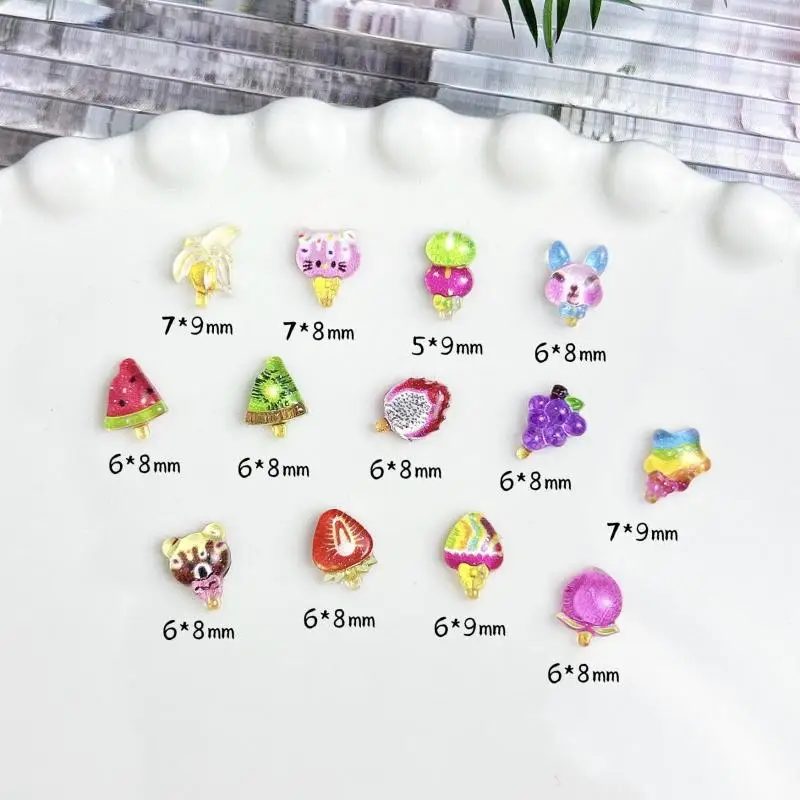 50PCS Cartoon Painted Bear Fruit Ice-cream Nail Charms Simulated Strawberry Banana Nail Art Decorations for DIY Nail Accessories