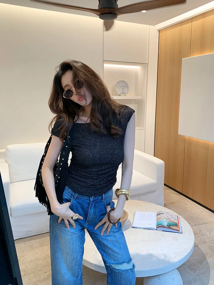 

Женский текстурированный эластичный дышащий летний топ Dragon Xier Lazy Sle oulder с колючками на одно плечо Z92