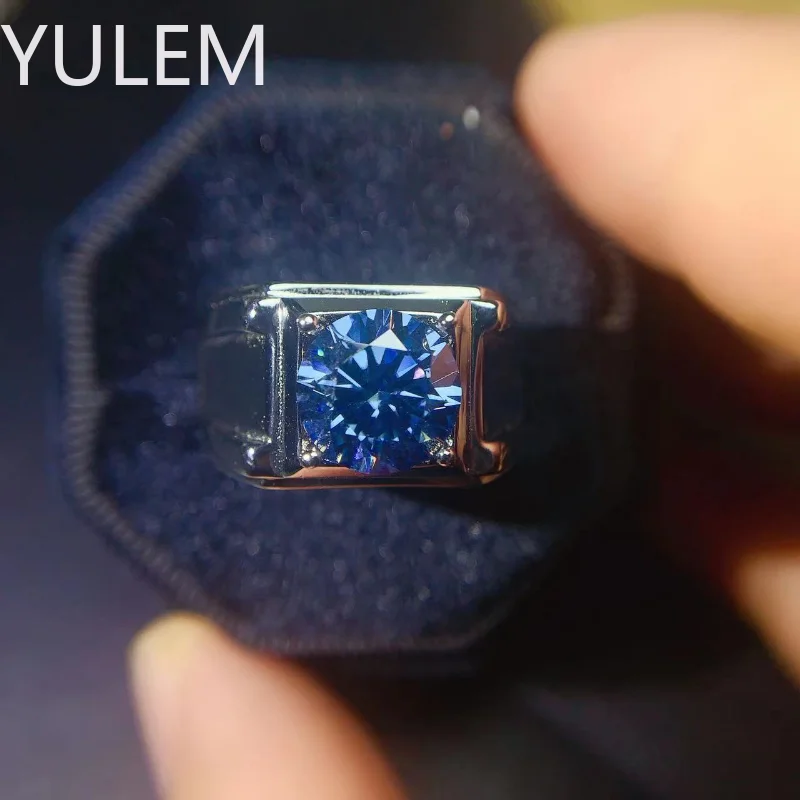 

YULEM Blue Moissanite Man Ring 3 Carat 9mm Round Excellent Cut Real Diamond Tester Past Blue Moissanite Ring Wedding Jewelry