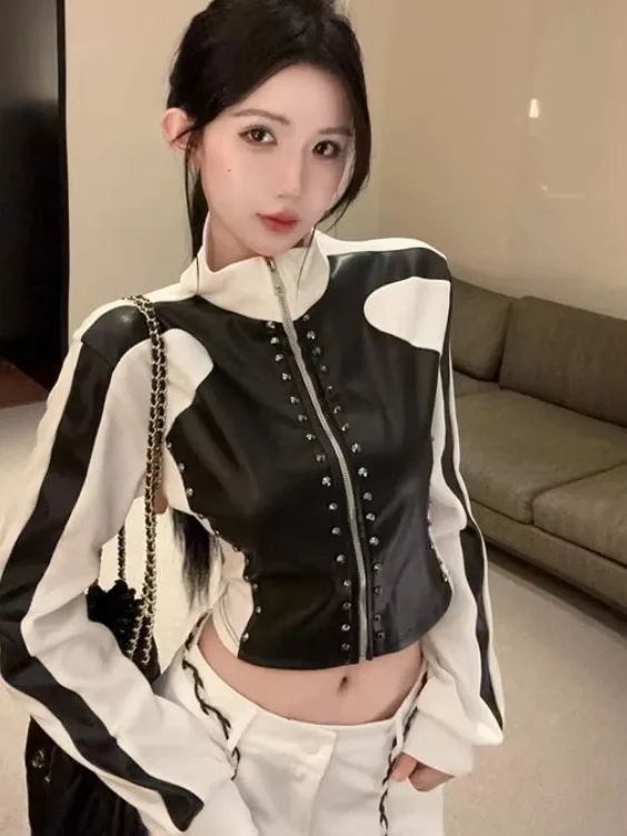 

American Style PU Stand Collar Patchwork Ribbing Decorative Jacket Autumn Winter New Cool Versatile Fashion Open Cardigan Coat