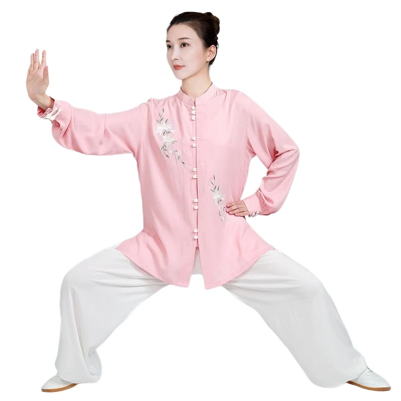 clyfan-花柄刺繍太極拳スーツ女性伝統的なカンフー服ソフトリネン武道ユニフォーム練習用
