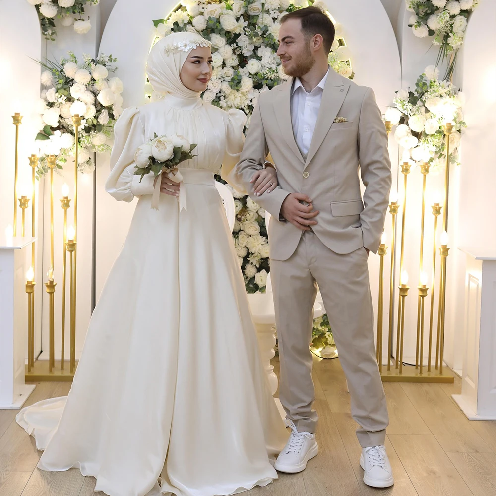 

Muslim Wedding Dresses Hijab High Long Sleeve Bride Dress Pleat A Line Sweep Train Simple Bridal Gown Customized robe de mariée